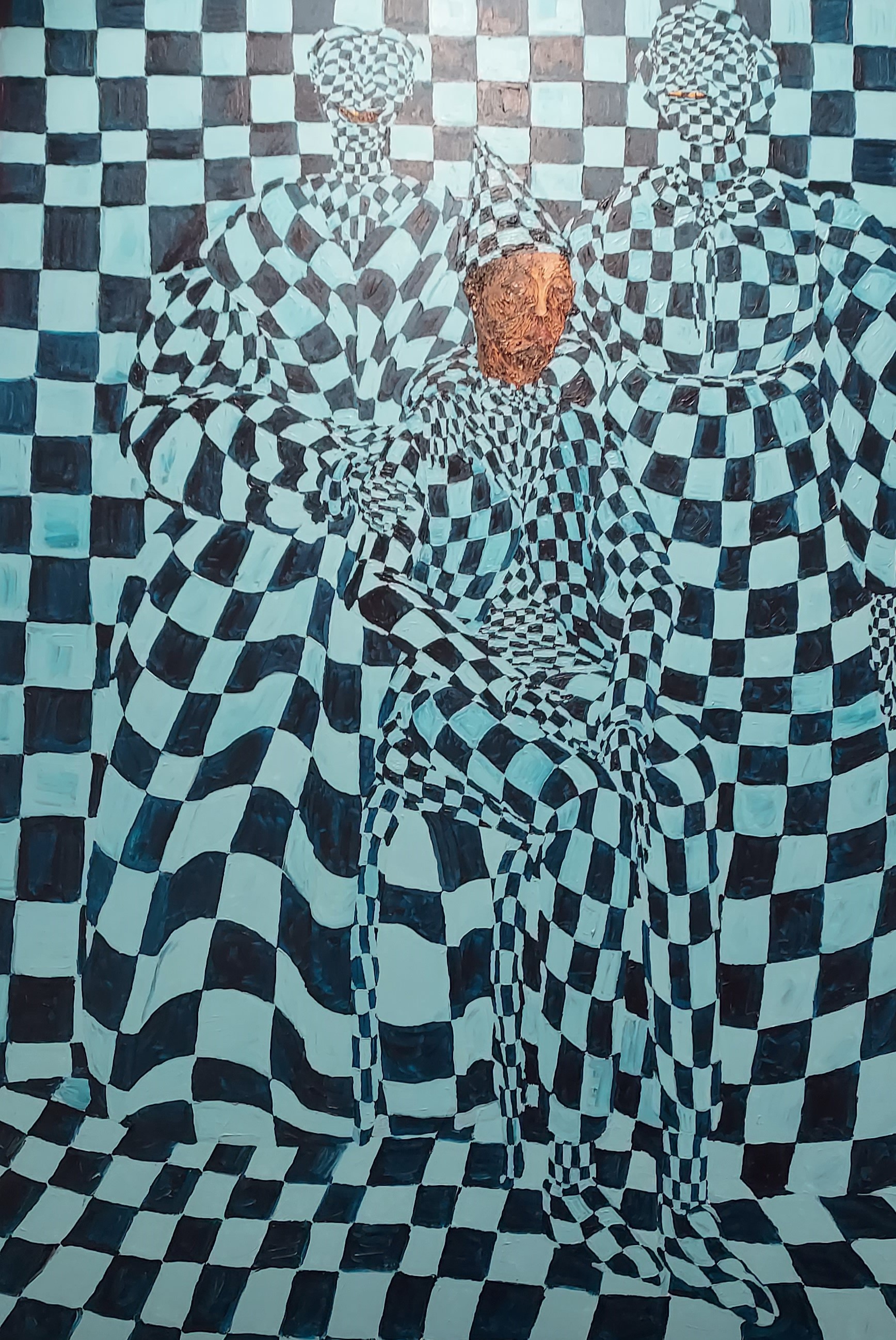 A painting comprising three figures with African heritage draped in checkerboard robes, each painted to camouflage against a black and blue checkerboard-effect background.