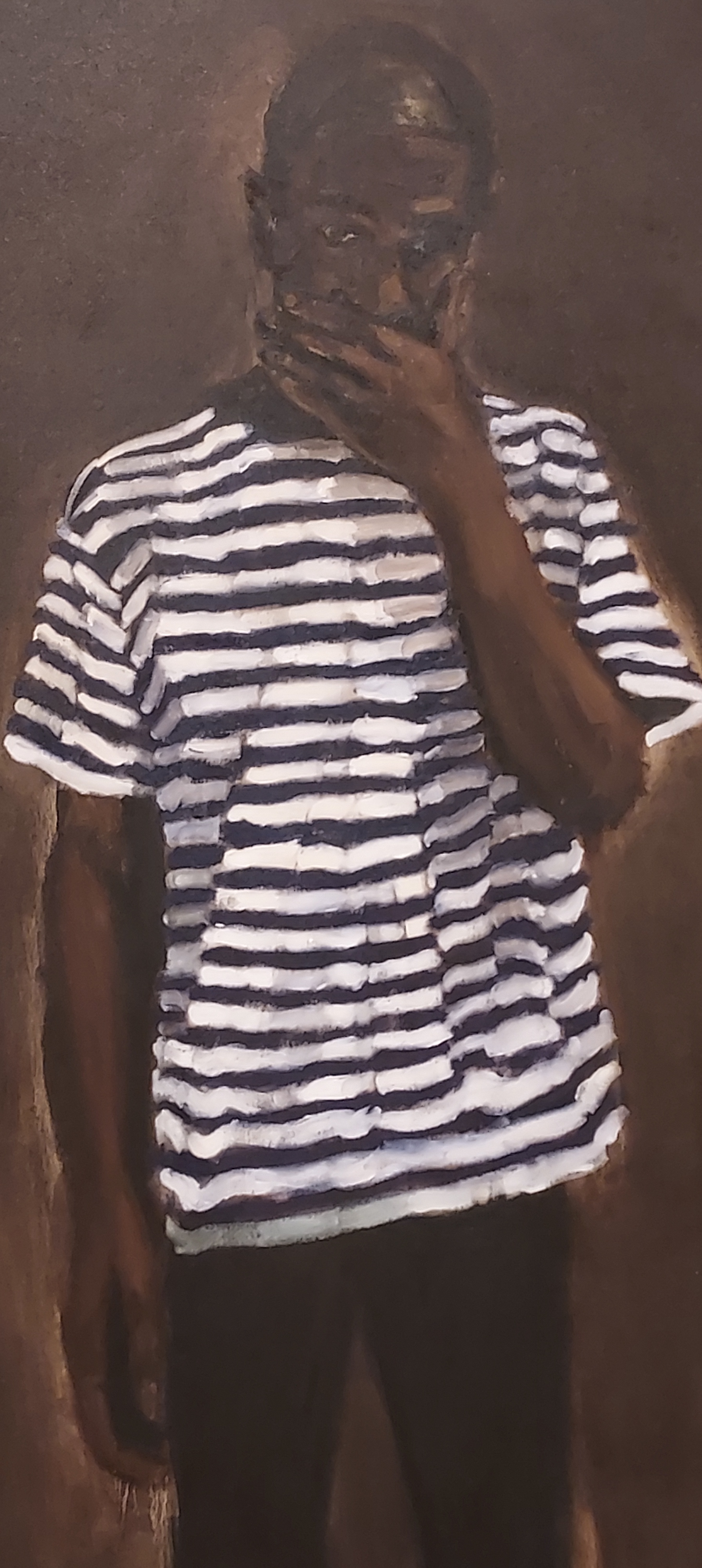 Oil painting of a young man with African heritage, dressed in a black and white striped t-shirt, standing with his left hand covering his mouth.